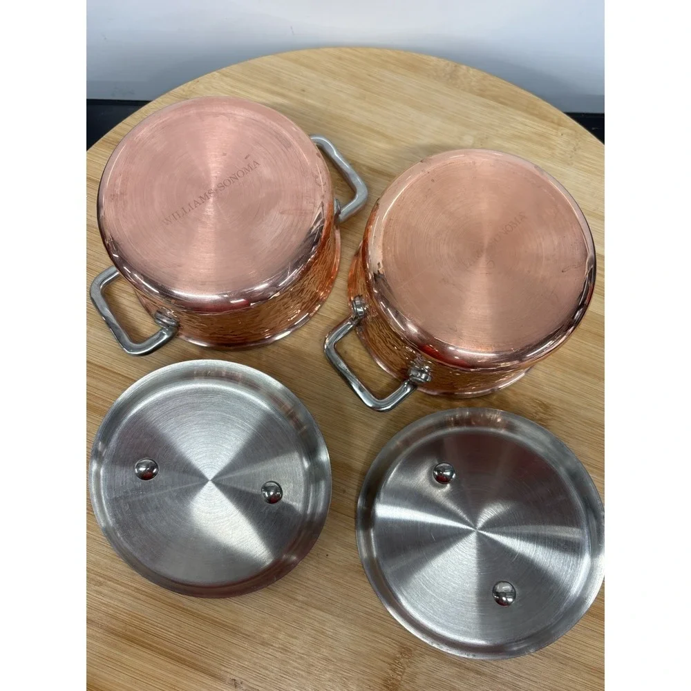 Williams Sonoma Mini Copper Pot Cocottes Set of 2 Hammered Style 0.5 QT.
